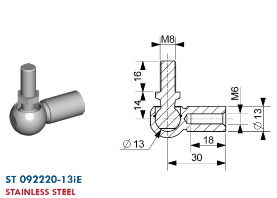 Articulatie cu bila filet mufa M6,  capat bila M8 ext., bila 13 mm, inox