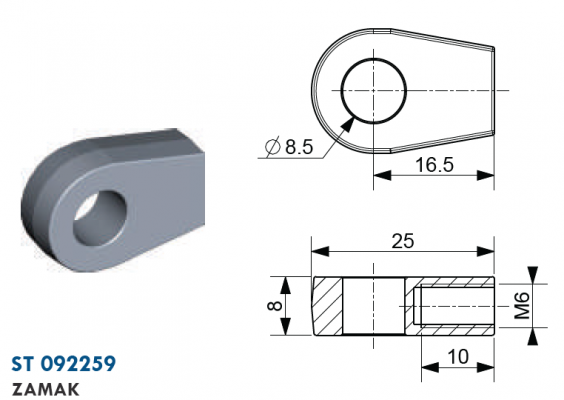 Ochi cu filet M6, Ø 8,5 mm, L=16,5 mm, grosime 8 mm, zamak