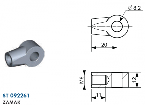 Ochi cu filet M8, Ø 8,2 mm, L=20 mm, grosime 12 mm, zamak