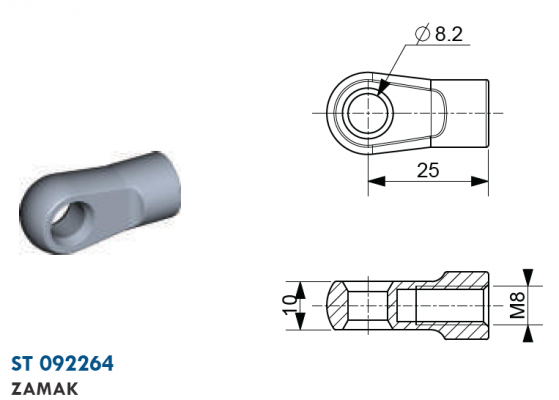 Ochi cu filet M8, Ø 8,2 mm, L=25 mm, grosime 10 mm, zamak