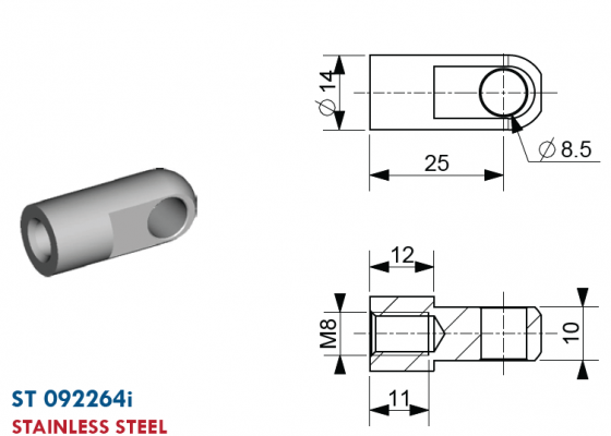 Ochi cu filet M8, Ø 8,5 mm, L=25 mm, grosime 10 mm, inox