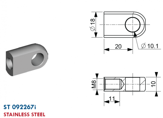 Ochi cu filet M8, Ø 10,1 mm, L=20 mm, grosime 10 mm, inox