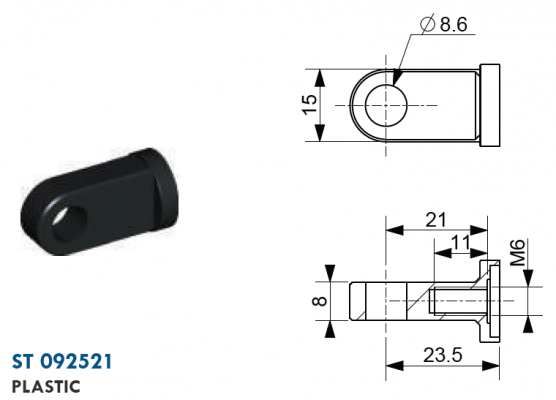 Ochi cu filet M6, Ø 8,6 mm, L=23,5 mm, grosime 8 mm, plastic