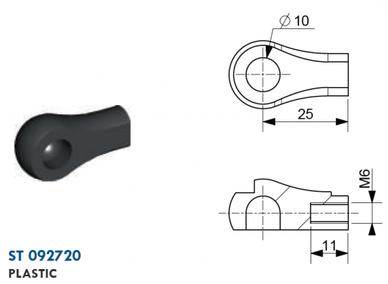 Mufa cu bila filet M6, bila 10 mm, L=25 mm, plastic