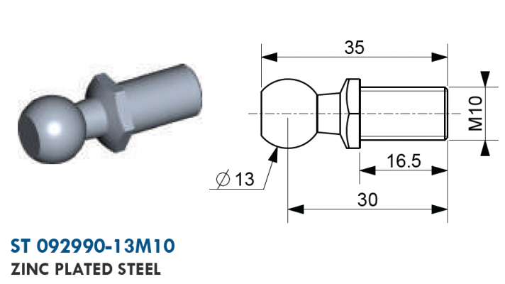 Bila cu filet exterior M10, bila 13 mm, L = 35 mm, otel zincat