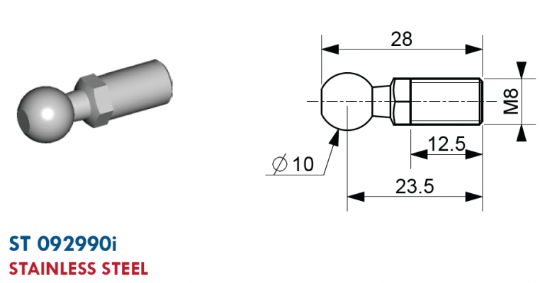 Bila cu filet exterior M8, bila 10 mm, L = 28 mm, inox