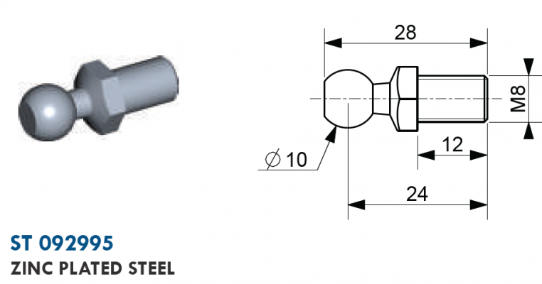 Bila cu filet exterior M8, bila 10 mm, L = 28 mm, otel zincat