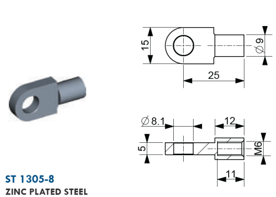 Ochi cu filet M6, Ø 8,1 mm, L=25 mm, grosime 5 mm, otel zincat