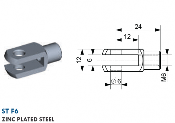 Furca cu filet interior M6, gaura 6 mm, L = 24 mm, otel zincat