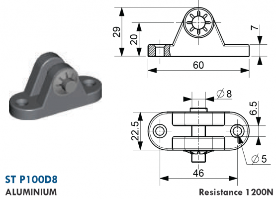 Suport tip U cu axa 8 mm, gauri prindere 5 mm, L = 60 mm, aluminiu